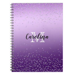 Cuaderno Monograma de ombre púrpura de Confetti plateado