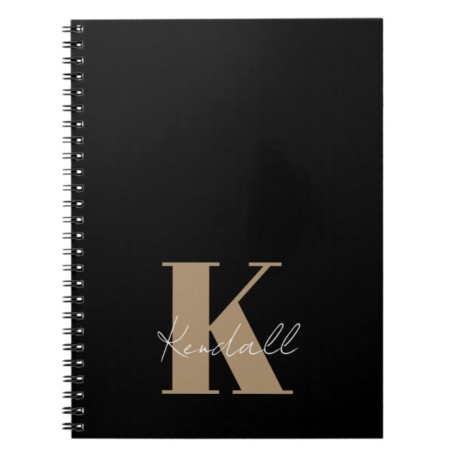 Cuaderno Monograma de oro de guión moderno negro (Frente)