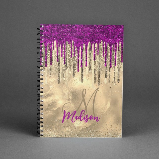 Cuaderno Monograma de oro de moda y goteo rosa caliente (Subido por el creador)
