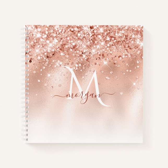 Cuaderno Monograma de oro de Rosa Peach purpurina (Anverso)