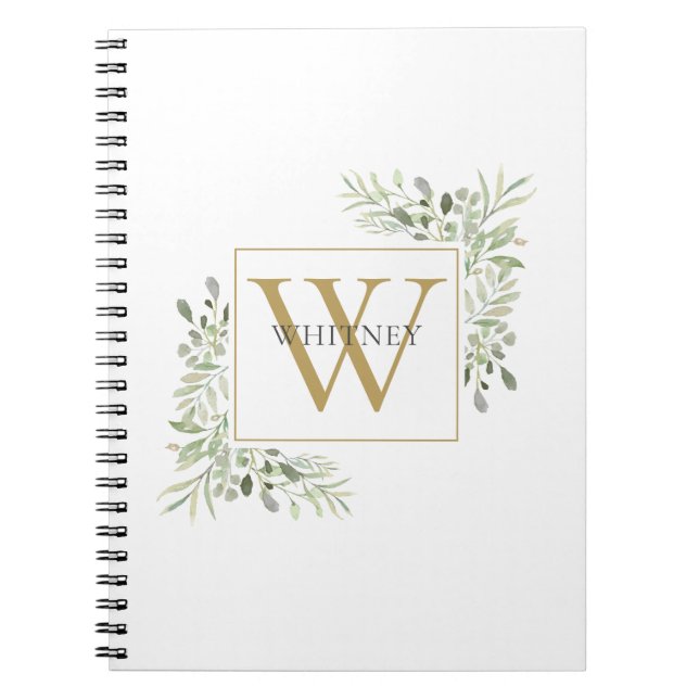 Cuaderno Monograma de oro elegante con follaje verde (Frente)