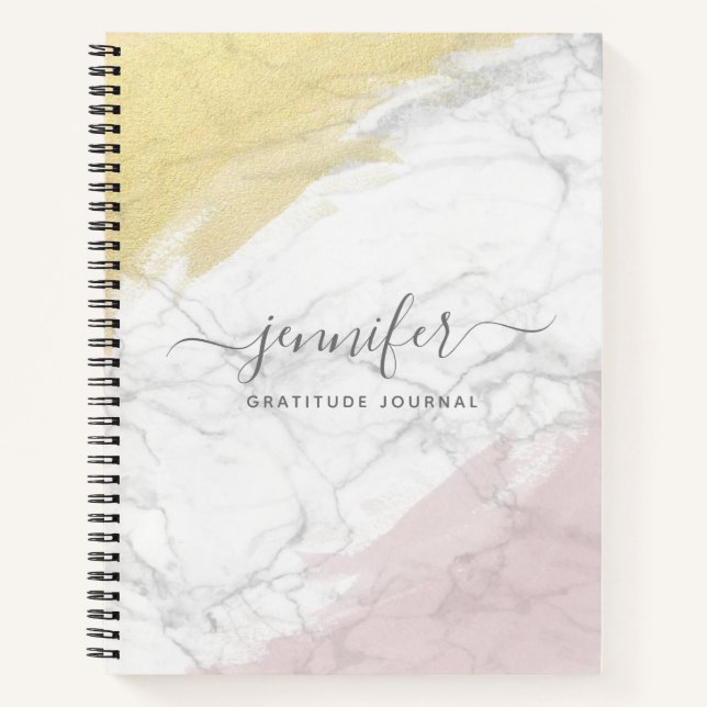 Cuaderno Monograma de oro Girly Rosa Marble personalizado (Anverso)