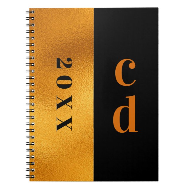 Cuaderno Monograma de oro negro minimalista moderno (Frente)