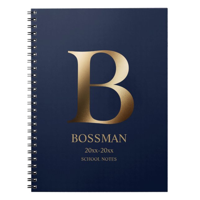 Cuaderno Monograma de oro personalizado | Azul Marino (Frente)