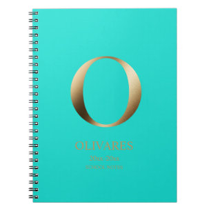 Cuaderno Monograma de oro personalizado   verde azulado cla