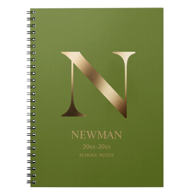 Cuaderno Monograma de oro personalizado | Verde oliva (Frente)