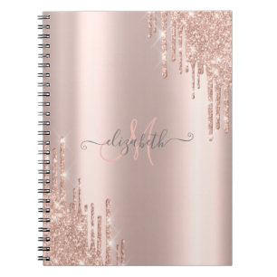 Cuaderno Monograma de oro rosa con gotas de brillo modernas