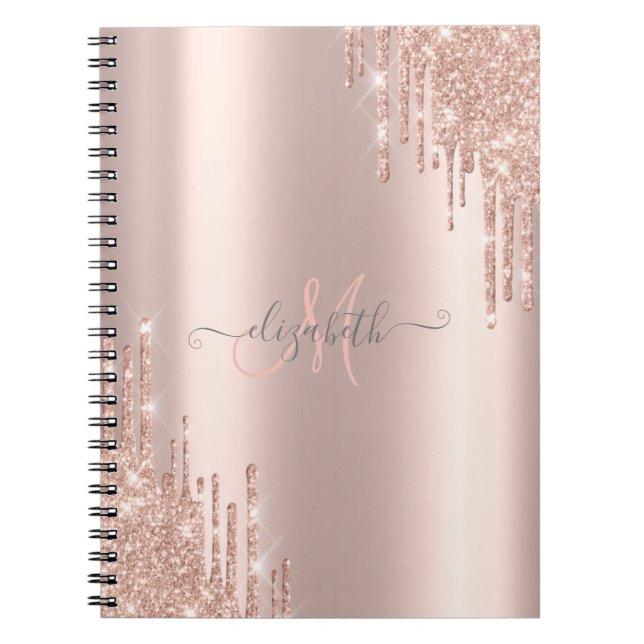 Cuaderno Monograma de oro rosa con gotas de brillo modernas (Frente)