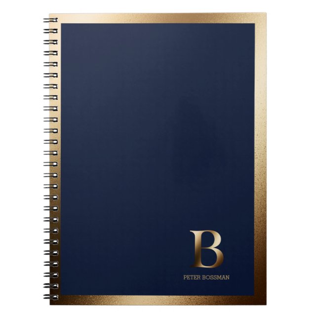 Cuaderno Monograma de oro simple | Bloc de notas azul marin (Frente)