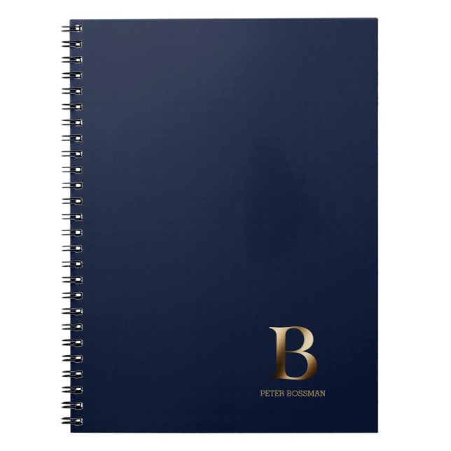Cuaderno Monograma de oro simple | Bloc de notas azul marin (Frente)