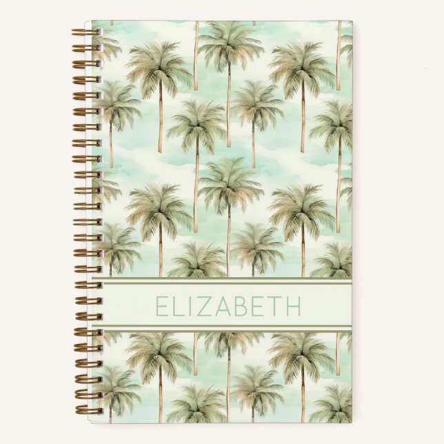 Cuaderno Monograma de palmera tropical acuático y crema (Anverso)