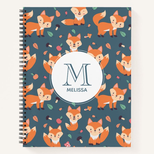 Cuaderno Monograma de patrón animal de Naranja corto Fox (Anverso)