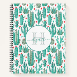 Cuaderno Monograma de patrón blanco verde de Cactus