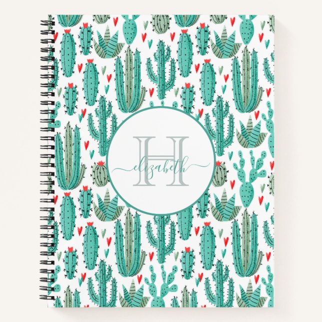 Cuaderno Monograma de patrón blanco verde de Cactus (Anverso)