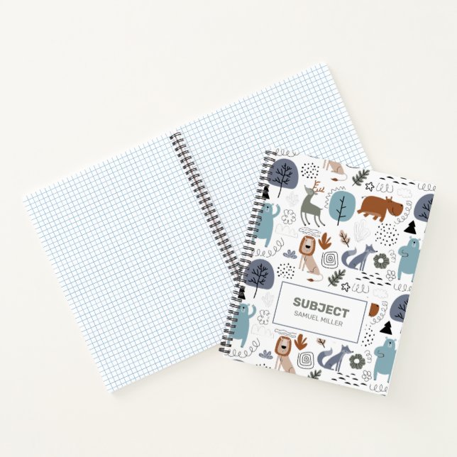 Cuaderno Monograma de patrón de animales de bosque de perso (Interior)