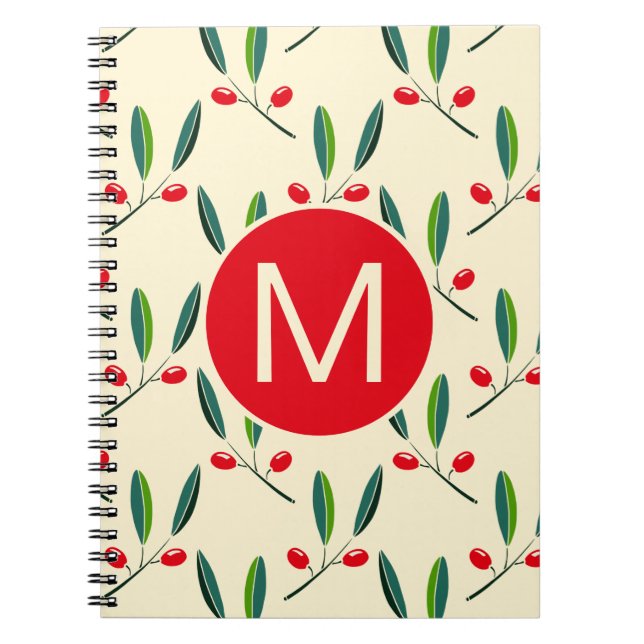 Cuaderno Monograma de Patrón de Bayas Rojas Ilustradas Mode (Frente)