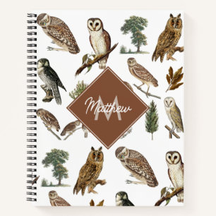 Cuaderno Monograma de patrón de bosque de acuarela de búho