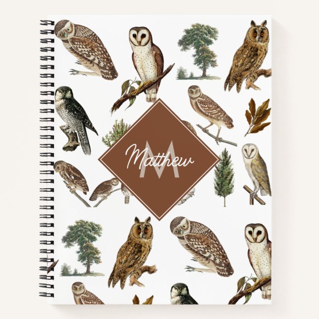 Cuaderno Monograma de patrón de bosque de acuarela de búho  (Anverso)