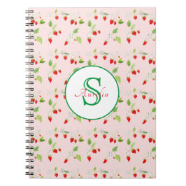 Cuaderno Monograma de patrón de flor de fresa en acuarela