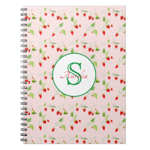 Cuaderno Monograma de patrón de flor de fresa en acuarela