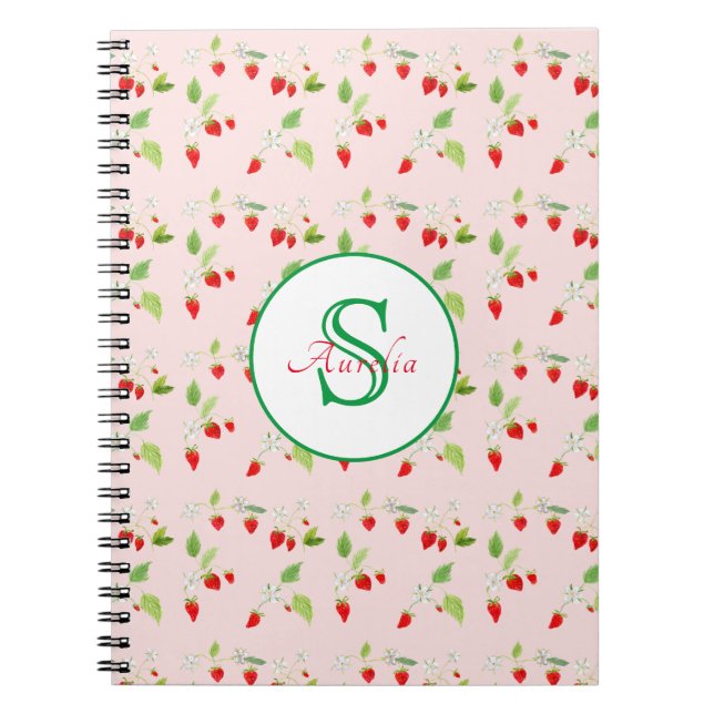 Cuaderno Monograma de patrón de flor de fresa en acuarela (Frente)