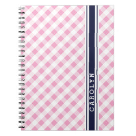 Cuaderno monograma de patrón de gingham de la marina rosa p