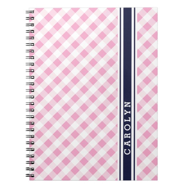 Cuaderno monograma de patrón de gingham de la marina rosa p (Frente)