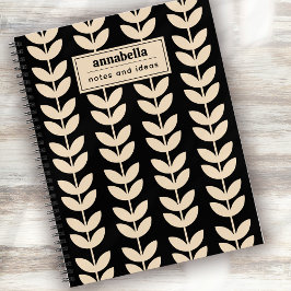 Cuaderno Monograma de patrón de hoja con estilo retro negro