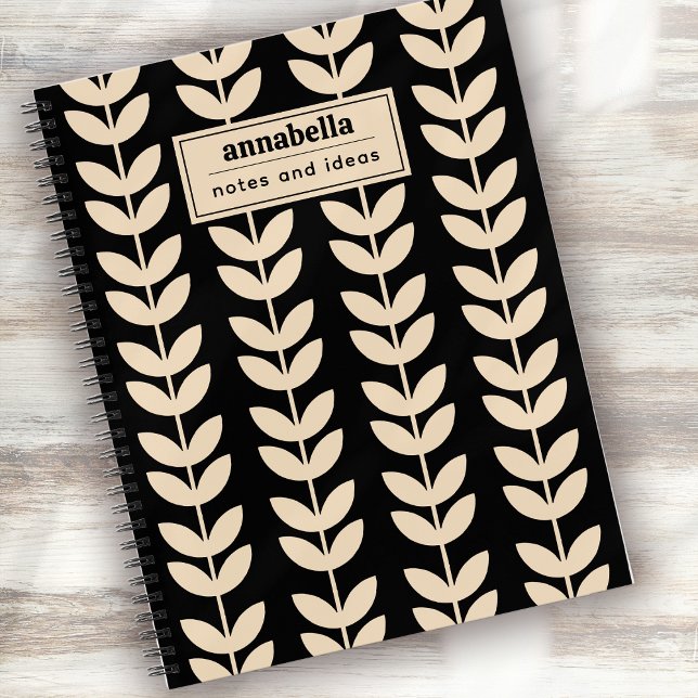 Cuaderno Monograma de patrón de hoja con estilo retro negro (Subido por el creador)