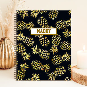 Cuaderno Monograma de Patrón de Piña Dorada Azul Marino