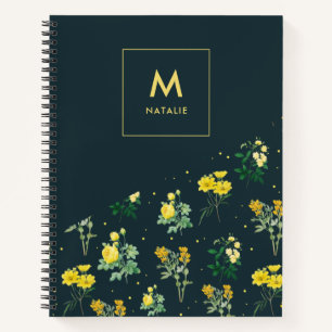 Cuaderno Monograma de Patrón Floral Azul Marino Moderno