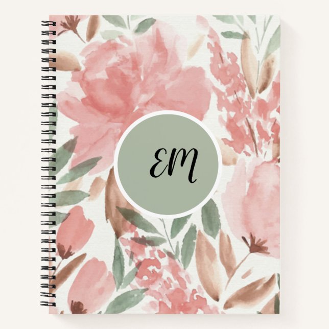 Cuaderno Monograma de patrón floral de acuarela (Anverso)