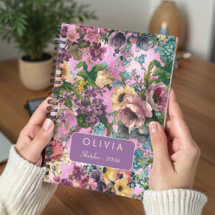 Cuaderno Monograma de patrón floral rosa acuarela vintage