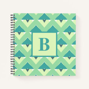 Cuaderno Monograma de Patrón Geométrico Azul y Verde