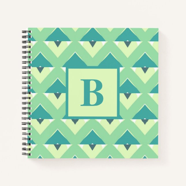 Cuaderno Monograma de Patrón Geométrico Azul y Verde (Anverso)