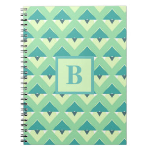 Cuaderno Monograma de Patrón Geométrico Azul y Verde Turque