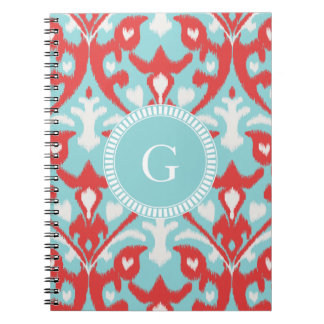 Cuaderno Monograma de patrón tribal de ikat rojo turquesa m