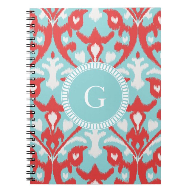 Cuaderno Monograma de patrón tribal de ikat rojo turquesa m (Frente)