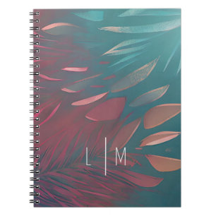 Cuaderno Monograma de plumas verde azuladas y rosas abstrac