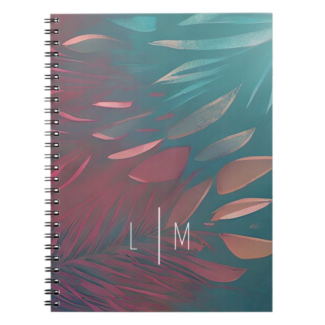 Cuaderno Monograma de plumas verde azuladas y rosas abstrac (Frente)