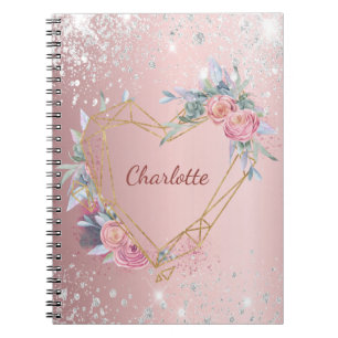 Cuaderno Monograma de polvo de purpurina plateado rosa Rubo