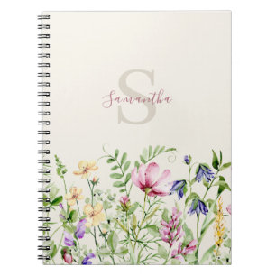 Cuaderno Monograma de pradera floral de flor silvestre rosa