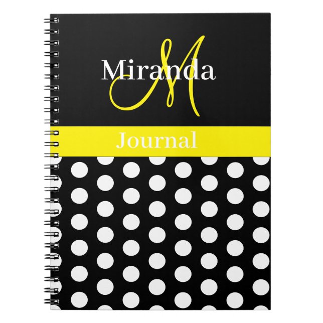 Cuaderno Monograma de puntos de polka blanco amarillo (Frente)