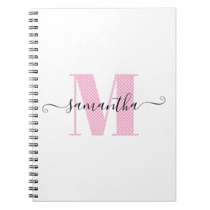 Cuaderno Monograma de puntos de polka blanco y rosa brillan