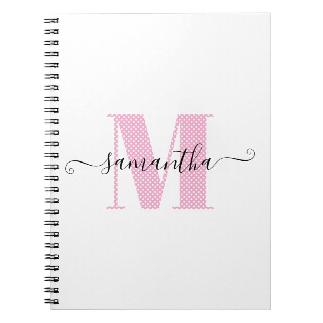Cuaderno Monograma de puntos de polka blanco y rosa brillan (Frente)