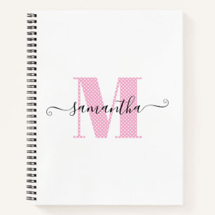 Cuaderno Monograma de puntos de polka blanco y rosa brillan