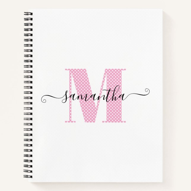 Cuaderno Monograma de puntos de polka blanco y rosa brillan (Anverso)