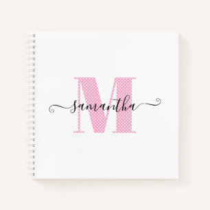 Cuaderno Monograma de puntos de polka blanco y rosa brillan