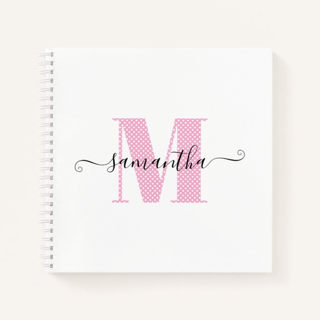 Cuaderno Monograma de puntos de polka blanco y rosa brillan (Anverso)