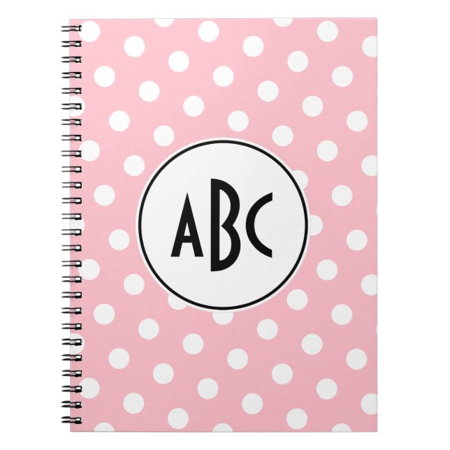 Cuaderno Monograma de puntos de polka blanco y rosado negro (Frente)